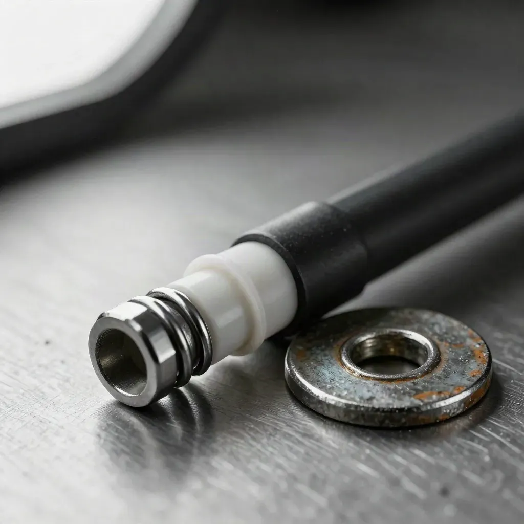 Macro of a rail clip, cable ferrule and oxidised washer on brushed metal in cool workshop light.