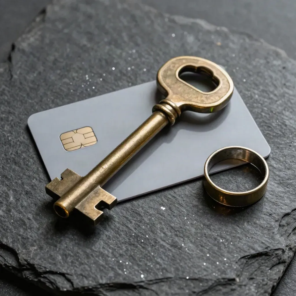 Brass vault key, chip-card shell and opened security seal on dark stone in soft daylight.