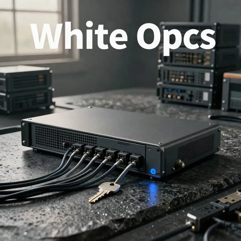 Matte security gateway hardware on dark stone with cables and modules in soft dawn light.