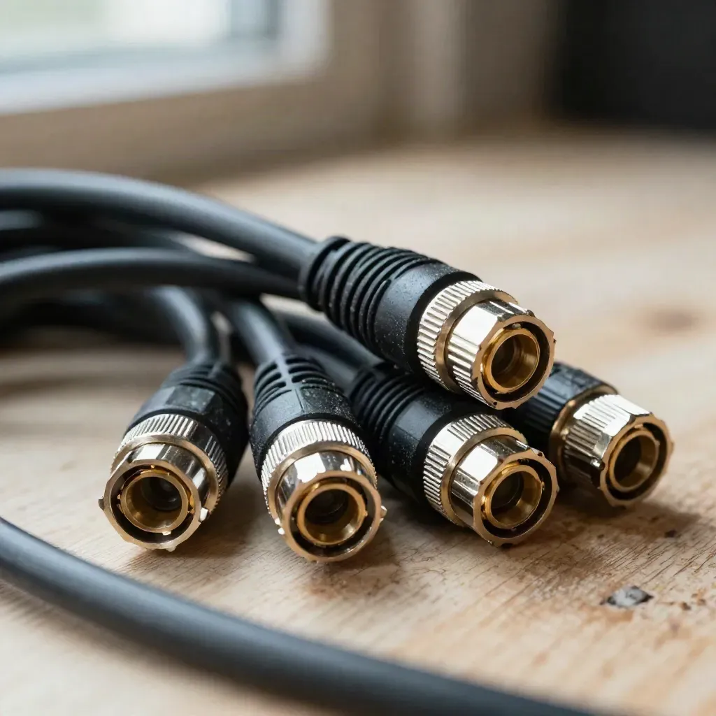 BNC connectors, coiled black cable, and aluminium coupler on pale wood, seen in extreme macro.