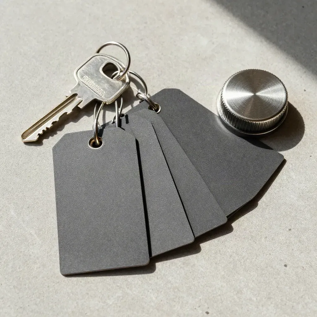 Top-down loss-prevention tags, detacher puck, and sensor base arranged on pale concrete.