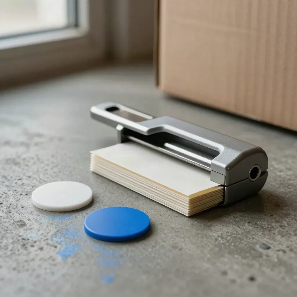 Anti-tamper carton seals, RFID pucks and parcel cutter on concrete in dramatic warehouse light