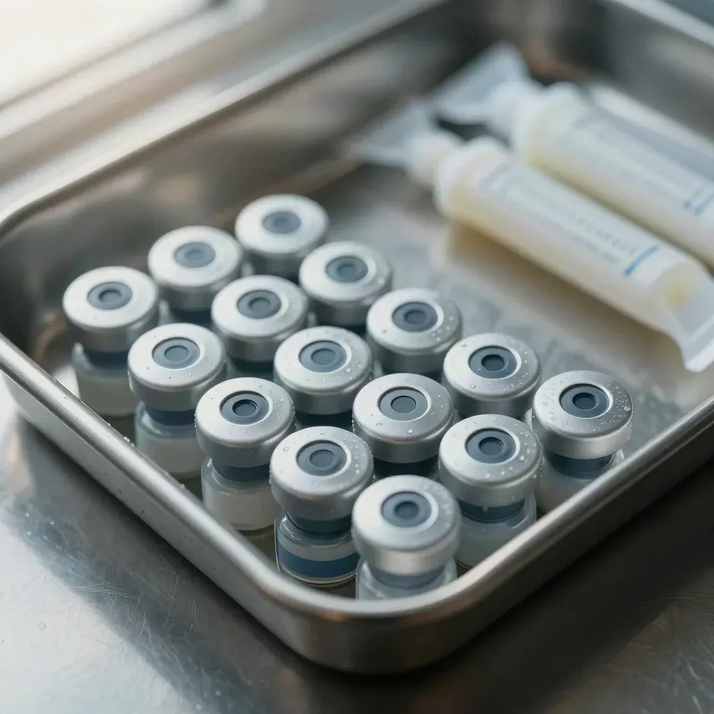 Macro of vial caps, swab tubes, and a stainless tray corner on brushed steel
