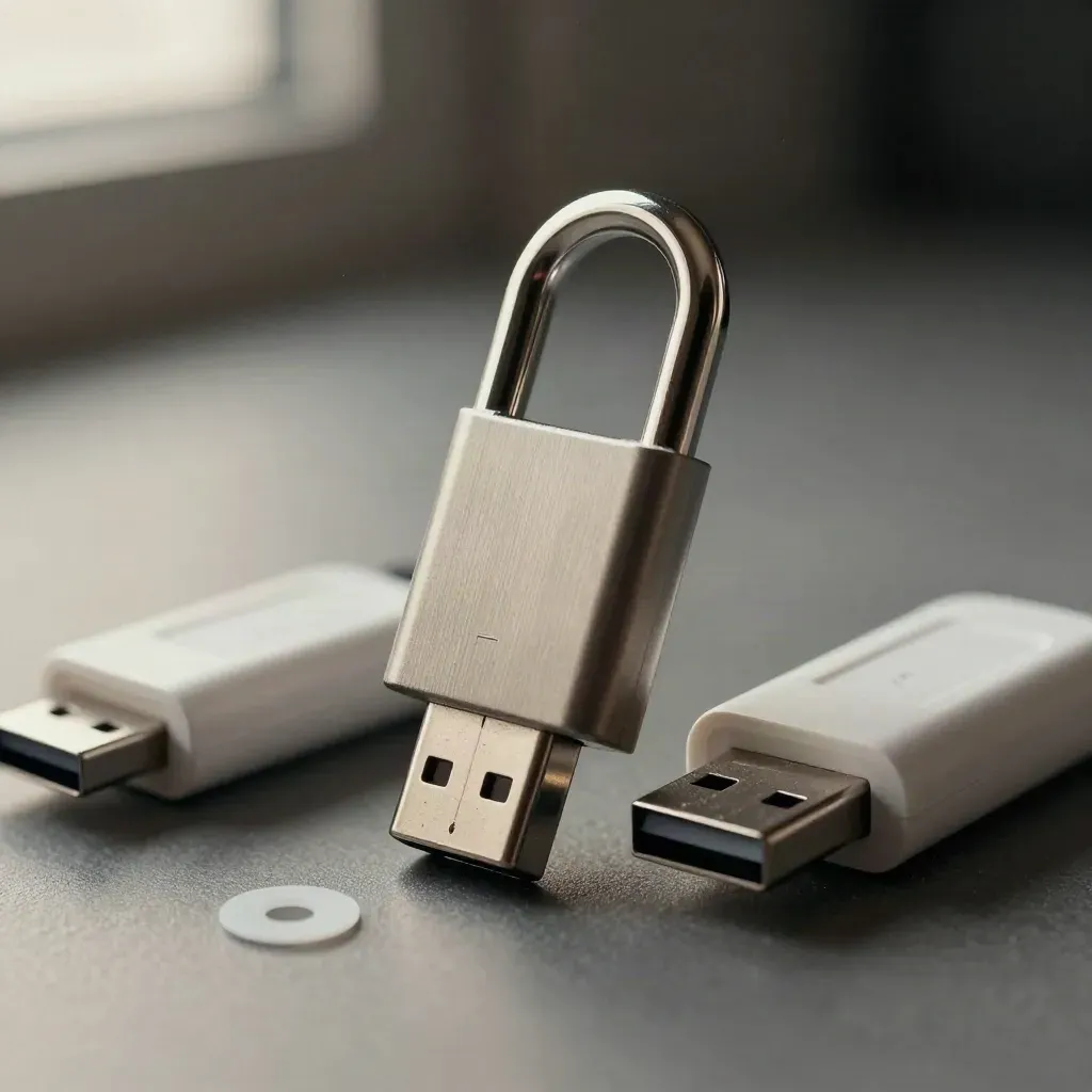 Macro of a hardware security key with two USB shells and a tamper seal on graphite.