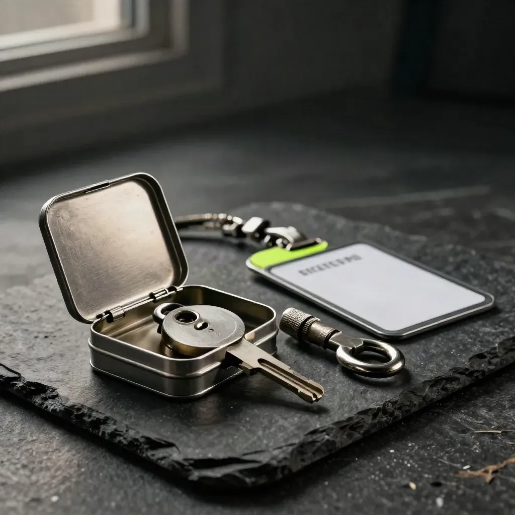 Open metal recovery tin, lock cylinder and badge shell on dark stone