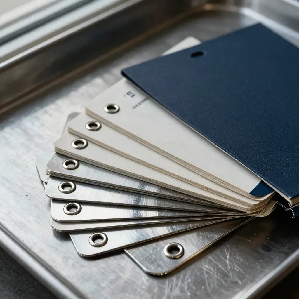 Overhead close-up of evidence seals, aluminium tags and an incident token holder on brushed metal.