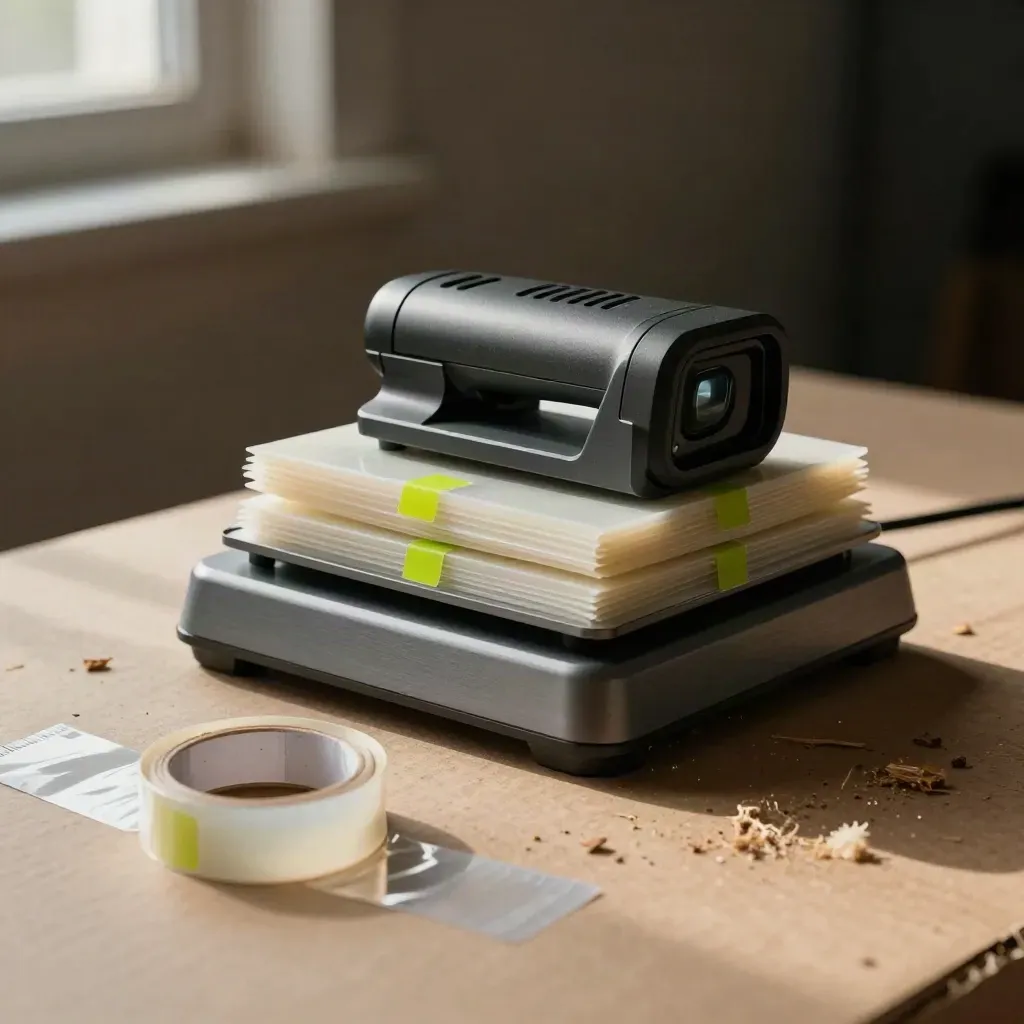 Parcel scale base, anti-tamper seals, and a scanner dock on a packing bench, seen through clear tape.