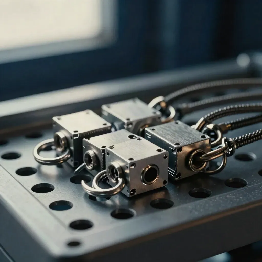 Macro cluster of aluminium data modules and braided patch leads behind a perforated rack panel