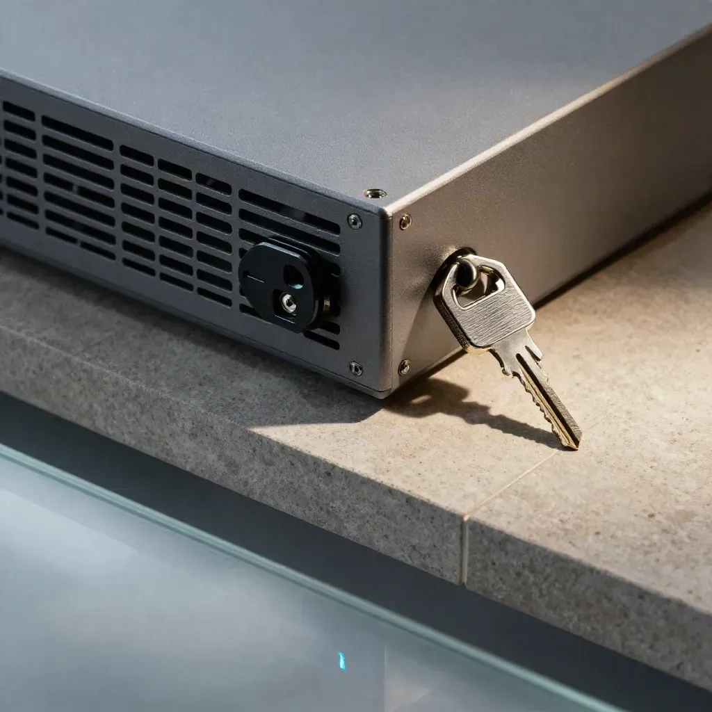 Firewall appliance corner with security key and cable lock on matte stone, shot through frosted glass