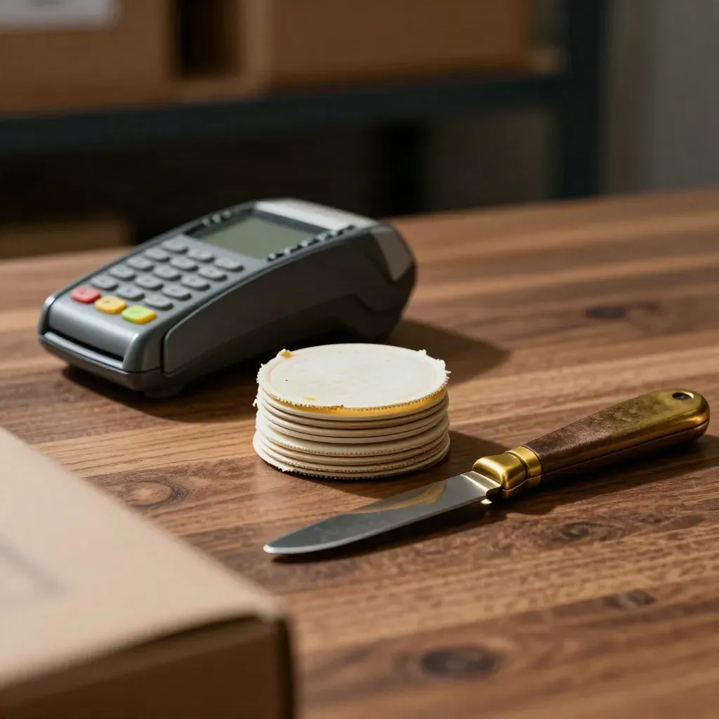 Shipping seals, brass parcel knife and card-terminal cradle on walnut in dramatic studio light