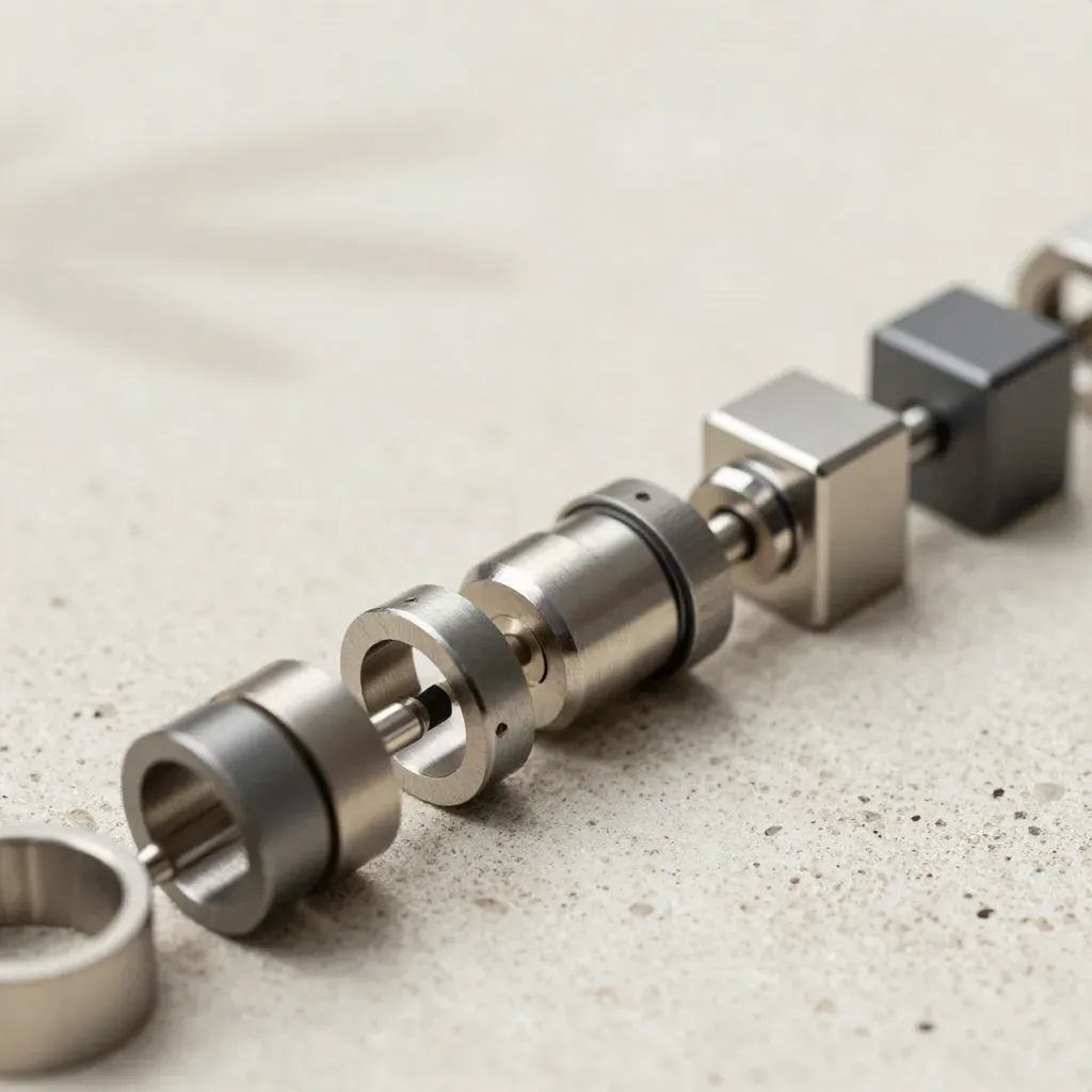 Macro still life of interlocking metal rings, coupler, and connector blocks on pale concrete