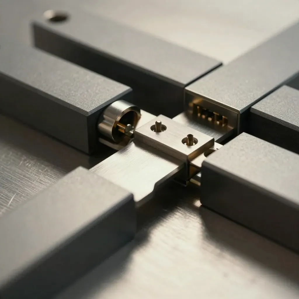 Macro of modular metal blocks and connectors on brushed aluminium under dramatic studio light.