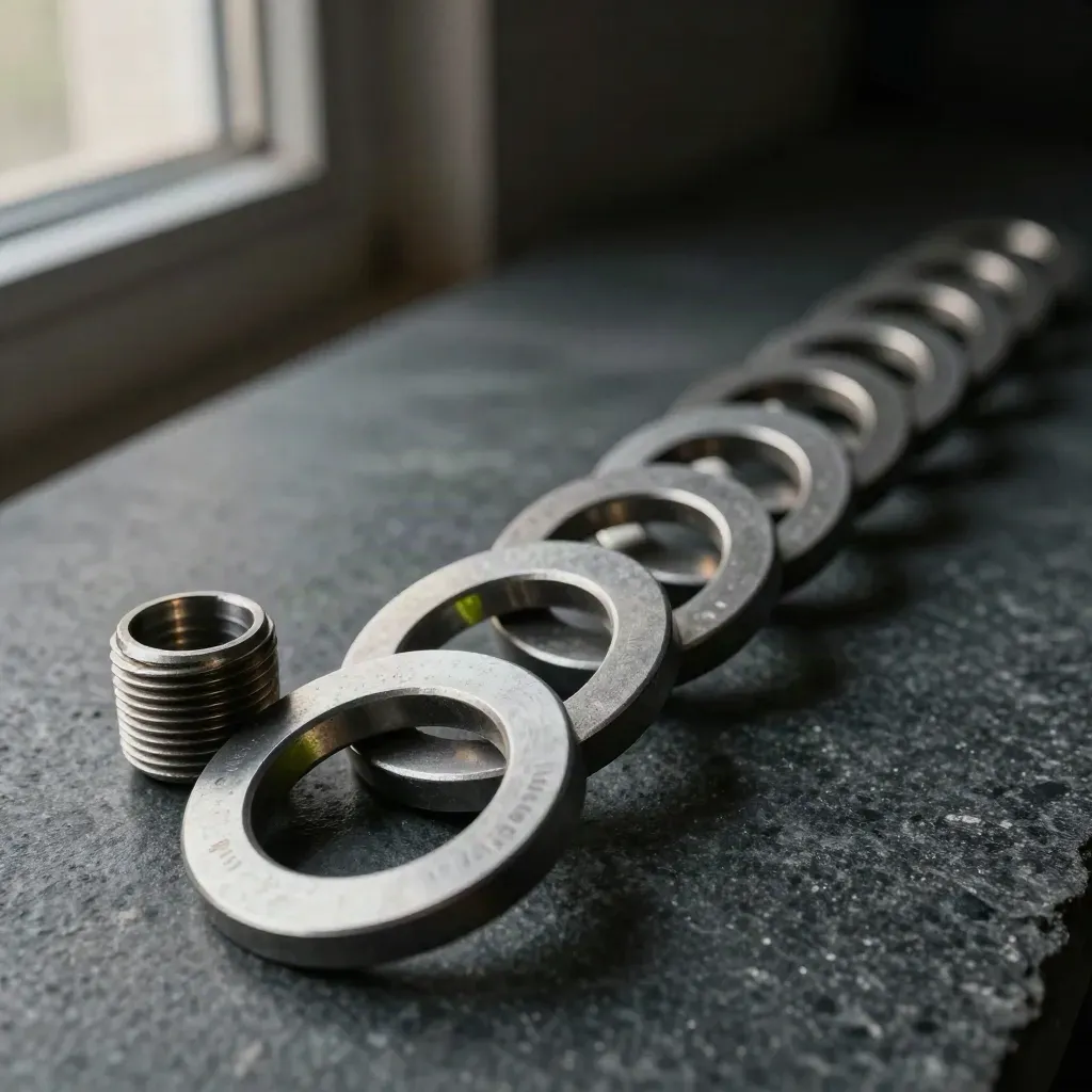 Linked loops, cable gland and coupler discs on dark stone in cool light.