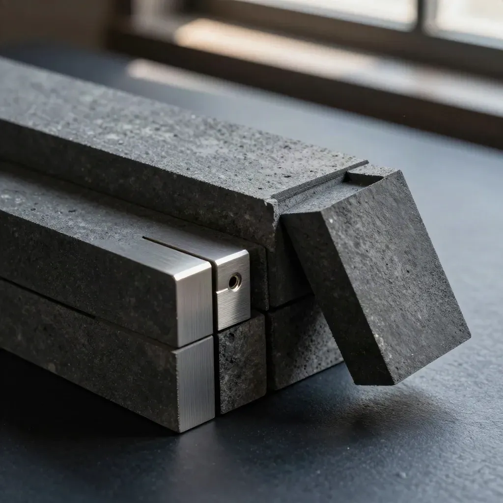 Nested graphite blocks with a corner connector and aluminium spacer on matte charcoal, top-down still life.