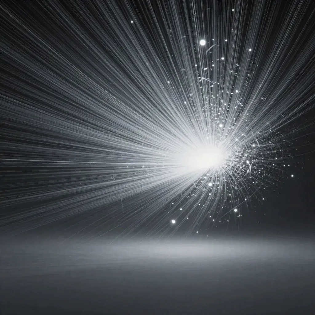 Silver light filaments bloom in graphite space with drifting motes and an empty lower third.
